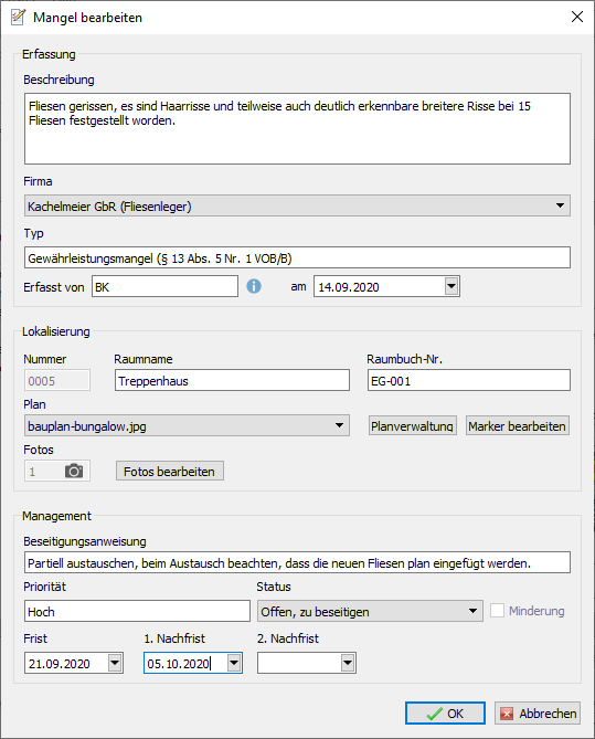 Screenshot des Erfassungsdialogs im Mngelmanager