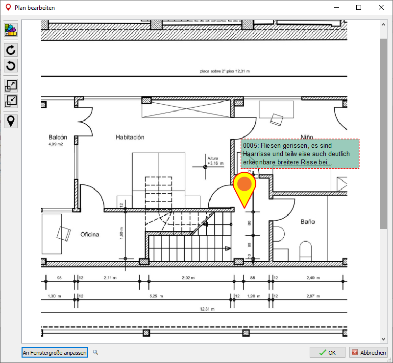 Verortung eines Mangels im Plan mit Anzeige der Mangelbeschreibung